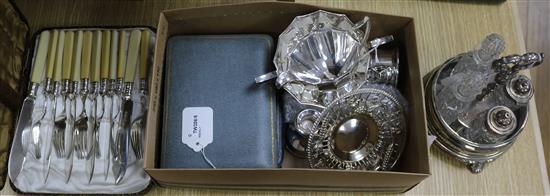 A set of six silver cake forks, cased, a set of six silver coffee spoons and tongs, cased and sundry items
